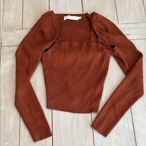 ASTR the Label Brown Cinnamon Ribbed Tank Shrug Cardigan Set Small